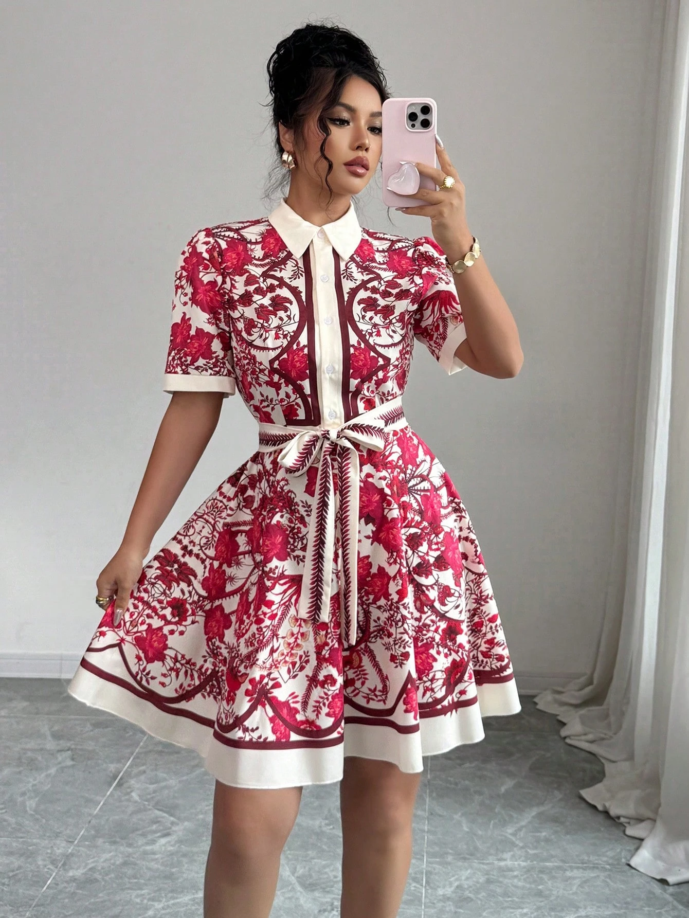 Printed Floral Shirt - Floral Print Tie Waist Short Sleeve