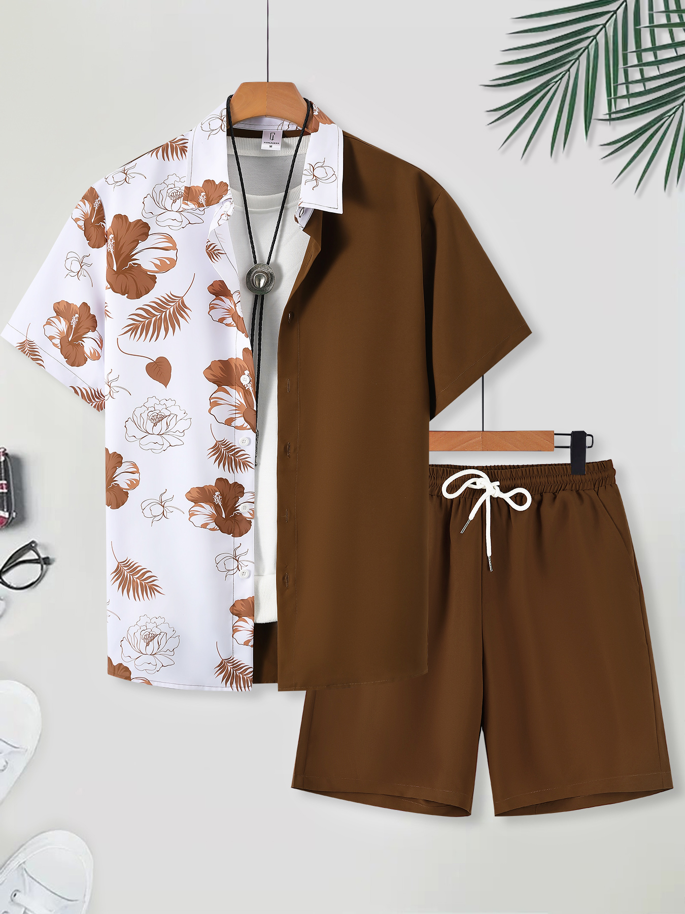 Printed Floral Shirt - Men's Brown & White Color Block