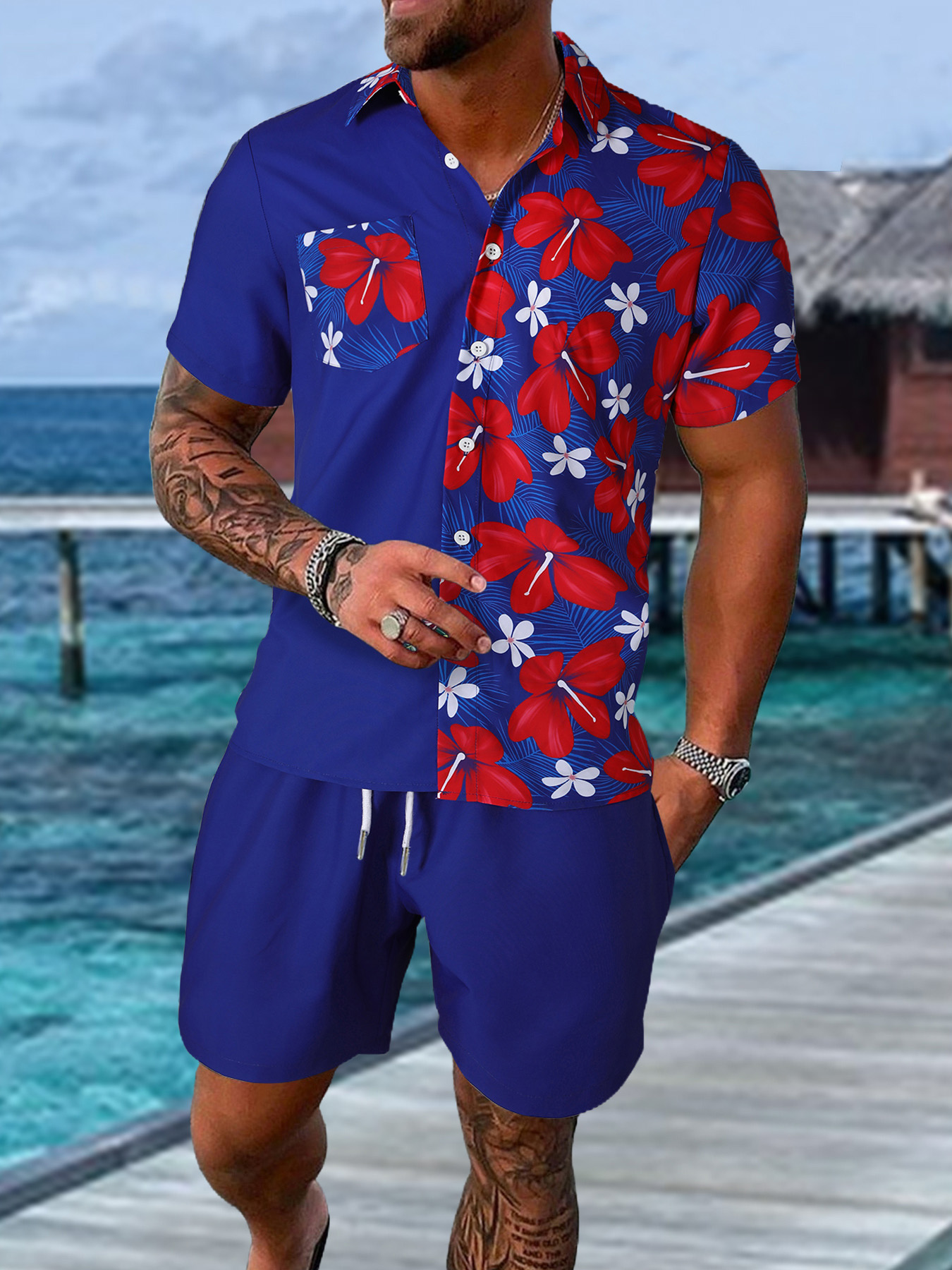 Printed Floral Shirt - Men's Unique Patchwork Set, Blue &